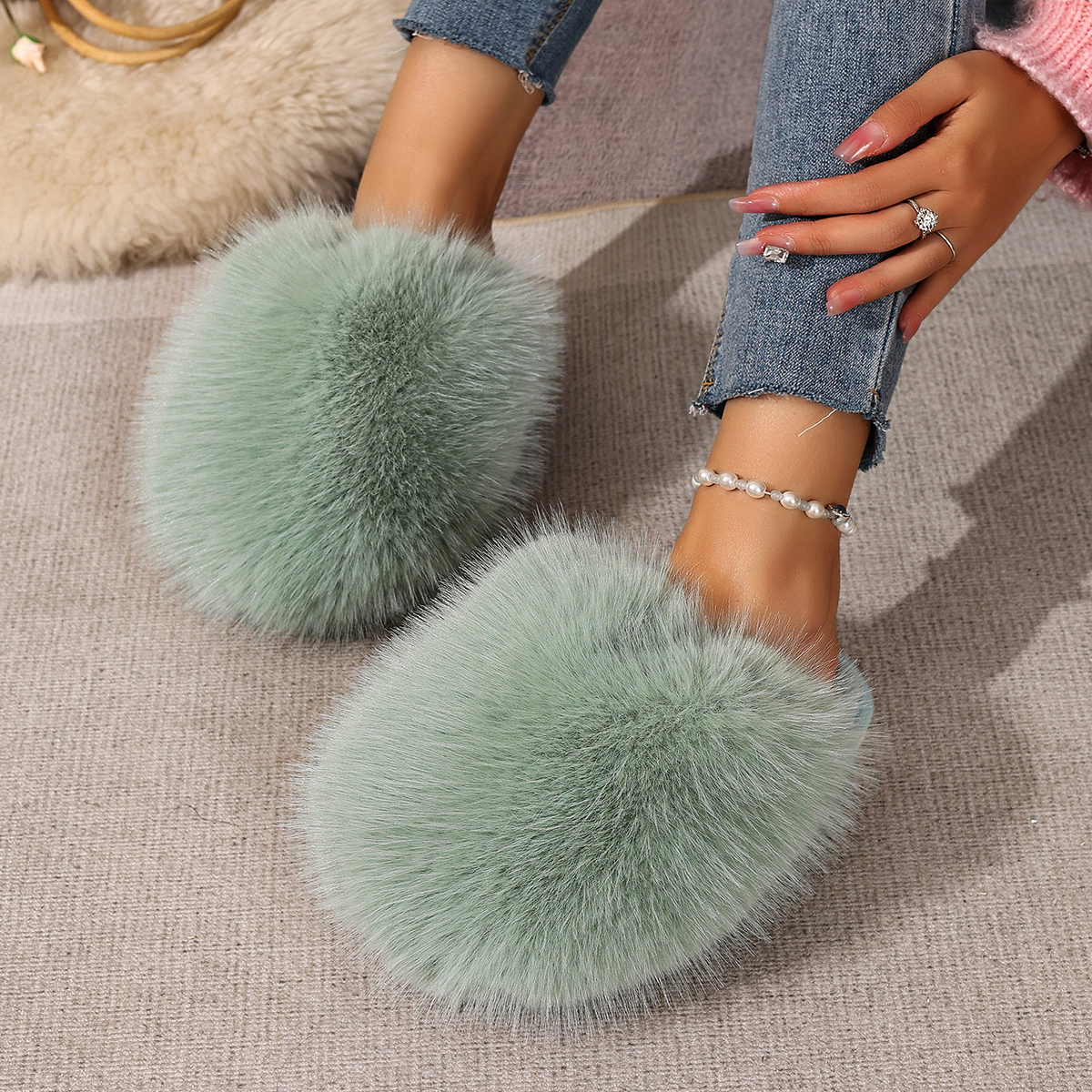 Women'S Fashion Winter 2026 - Warm Fluffy Slippers Green Baotou Slides