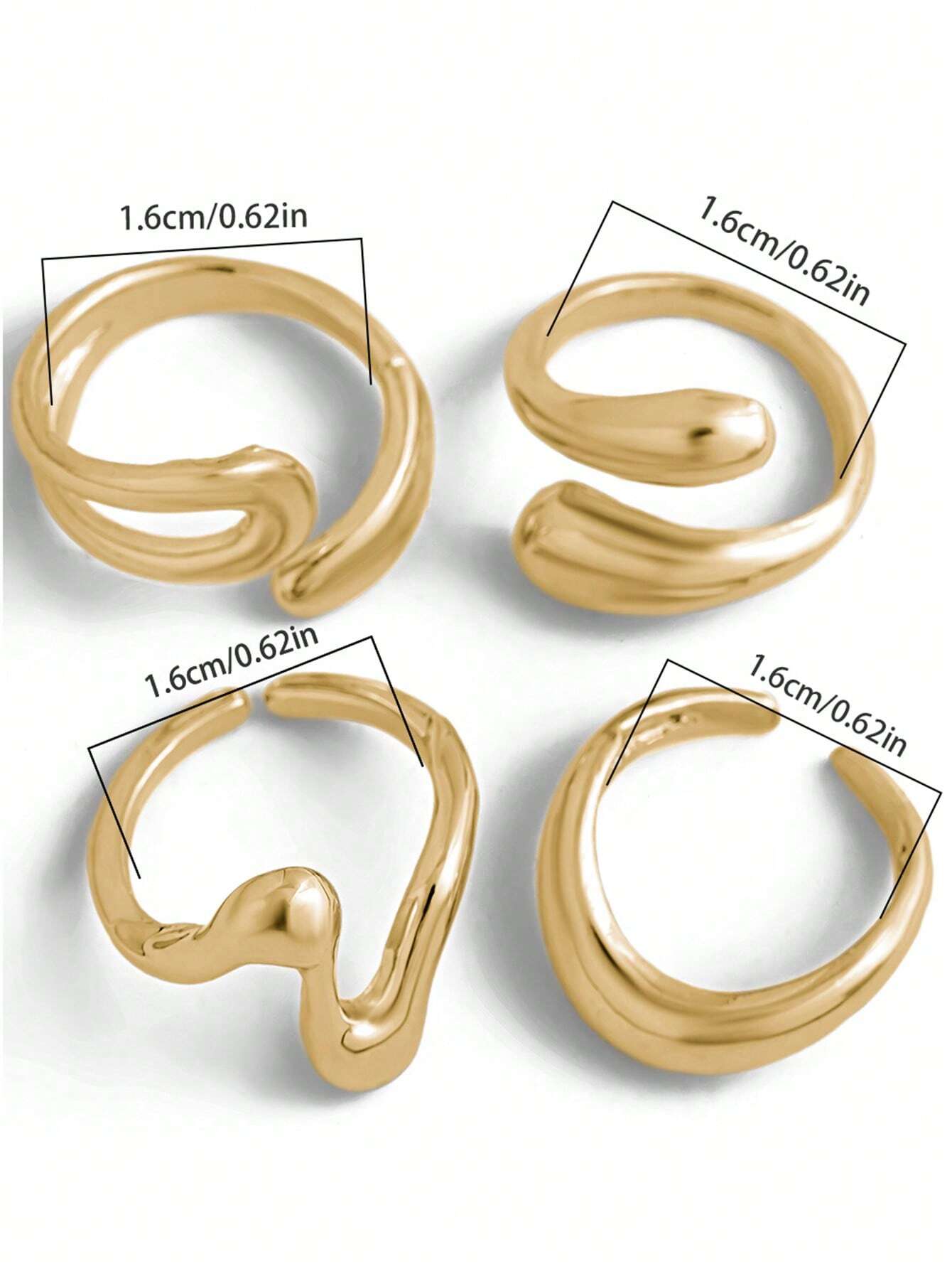 Women'S Fashion Rings Gold - 4pcs Abstract Liquid Shape Adjustable Gold