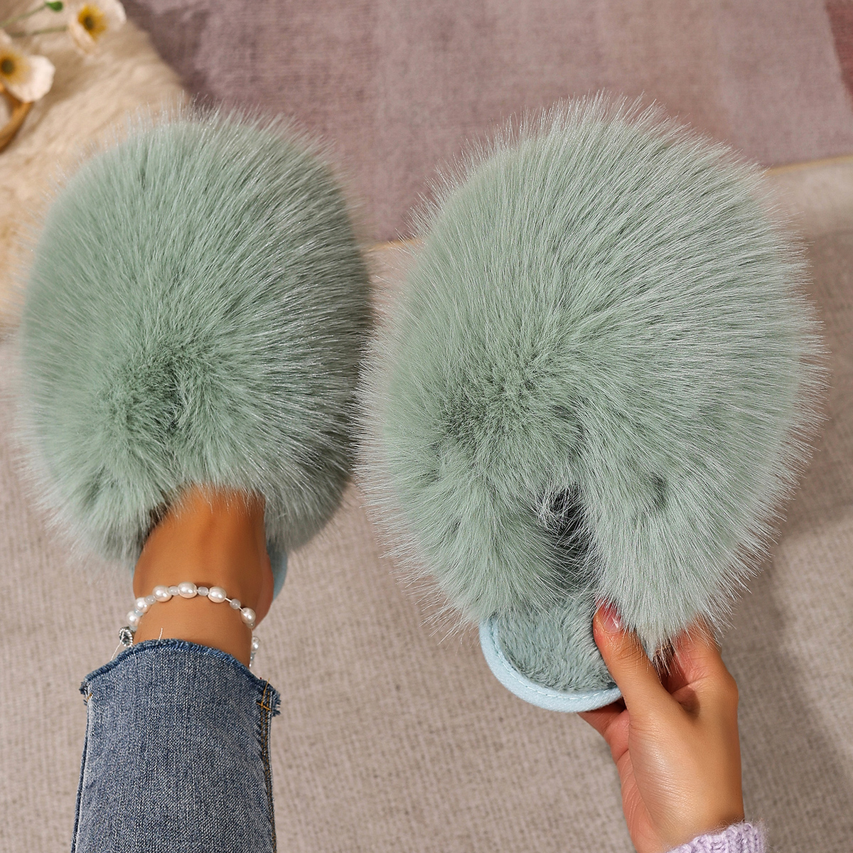 Warm Fluffy Slippers Green Bao - Women'S Fashion Winter 2026 recension och pris